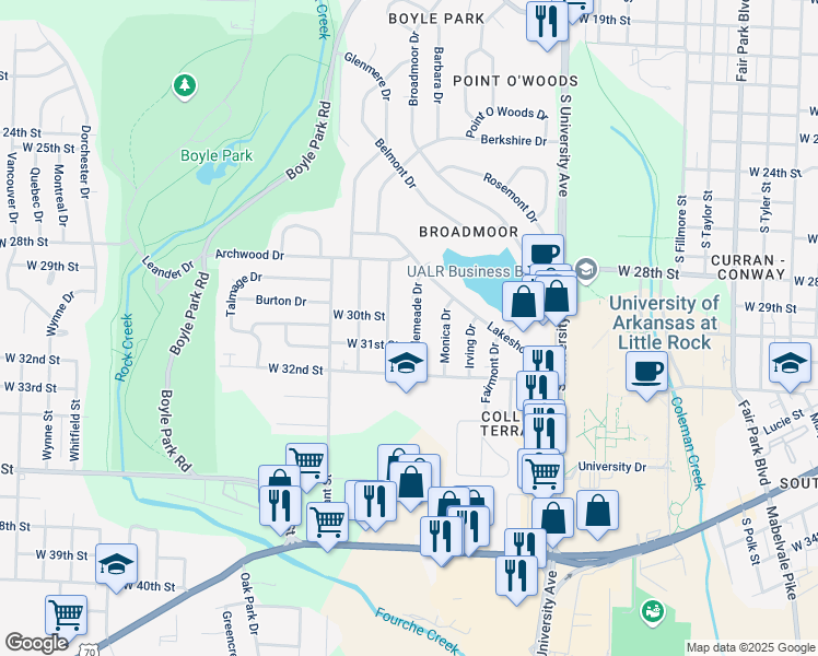 map of restaurants, bars, coffee shops, grocery stores, and more near 21 Bellemeade Drive in Little Rock