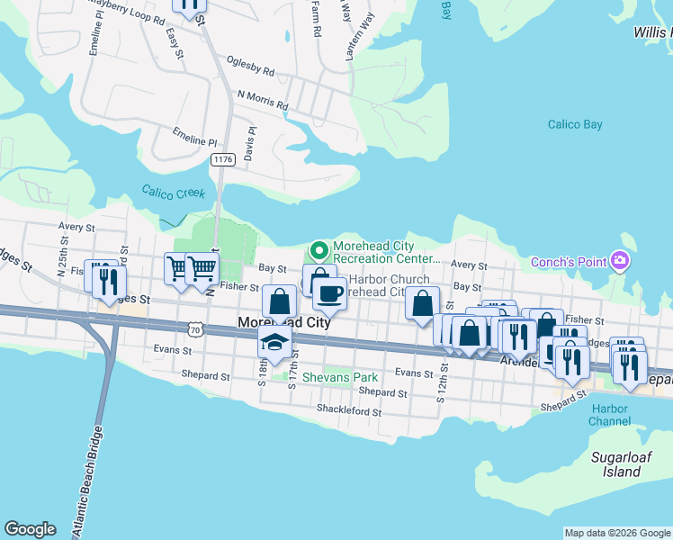 map of restaurants, bars, coffee shops, grocery stores, and more near 1512 Bay Street in Morehead City