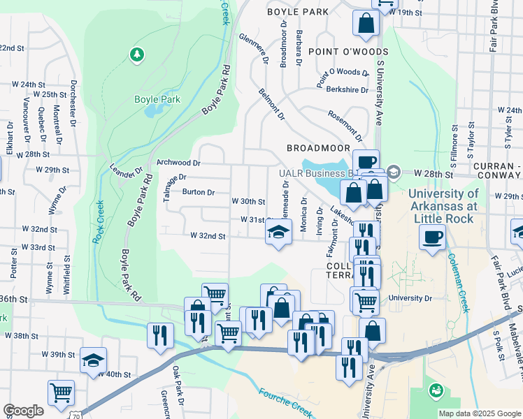 map of restaurants, bars, coffee shops, grocery stores, and more near 3016 Alameda Drive in Little Rock