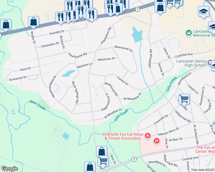 map of restaurants, bars, coffee shops, grocery stores, and more near 521 Briarwood Road in Lancaster