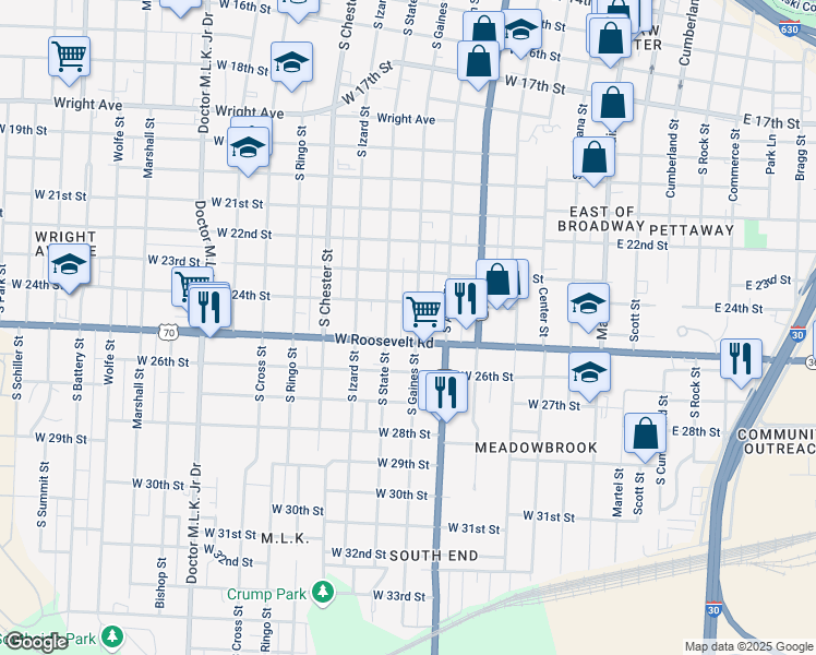 map of restaurants, bars, coffee shops, grocery stores, and more near 2418 South Gaines Street in Little Rock