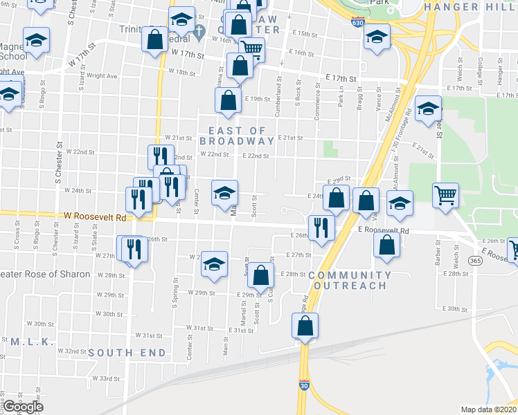 map of restaurants, bars, coffee shops, grocery stores, and more near 2419 Scott Street in Little Rock