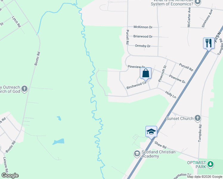 map of restaurants, bars, coffee shops, grocery stores, and more near 213-265 Holly Lane in Laurinburg