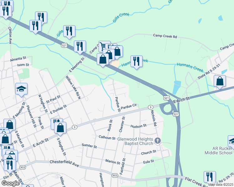map of restaurants, bars, coffee shops, grocery stores, and more near 2006 Pardue Street in Lancaster