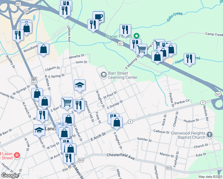 map of restaurants, bars, coffee shops, grocery stores, and more near 203-209 Thomas Lane in Lancaster