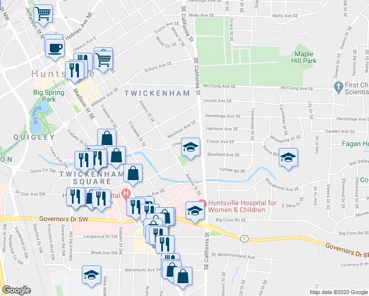 map of restaurants, bars, coffee shops, grocery stores, and more near 9 Adams Alley Southeast in Huntsville