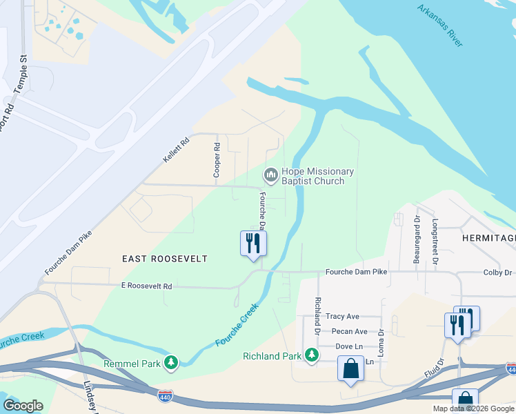 map of restaurants, bars, coffee shops, grocery stores, and more near 6101 Fourche Dam Pike in Little Rock