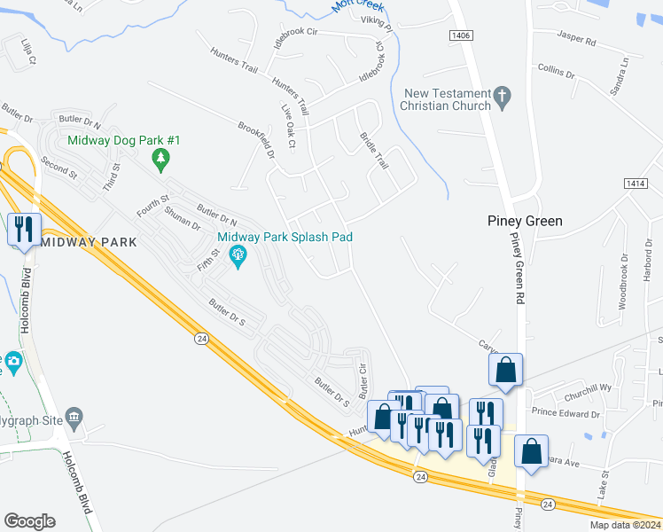 map of restaurants, bars, coffee shops, grocery stores, and more near 1503 Tramway Court in Piney Green