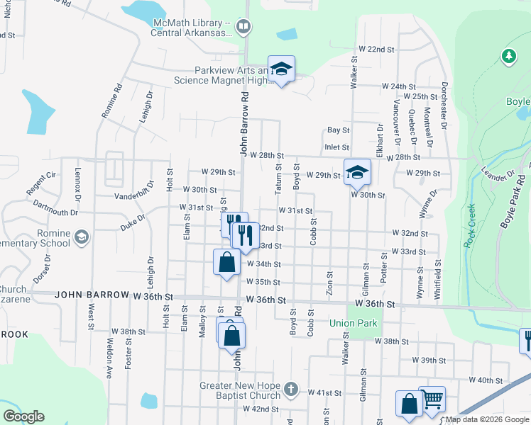 map of restaurants, bars, coffee shops, grocery stores, and more near 8623 West 31st Street in Little Rock