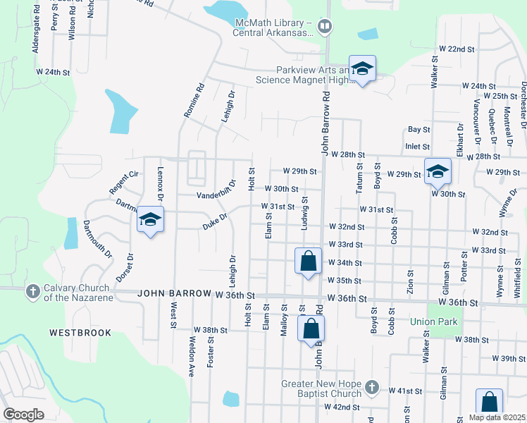 map of restaurants, bars, coffee shops, grocery stores, and more near 3105 Elam Street in Little Rock