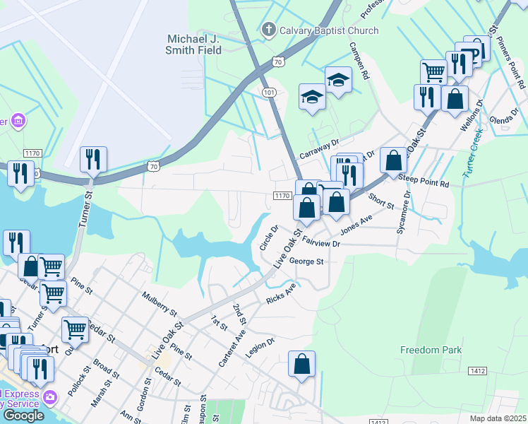 map of restaurants, bars, coffee shops, grocery stores, and more near 112 Crystal Pines Court in Beaufort
