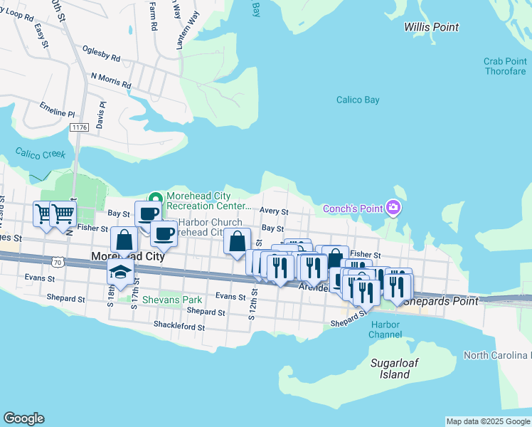 map of restaurants, bars, coffee shops, grocery stores, and more near 410 North 12th Street in Morehead City