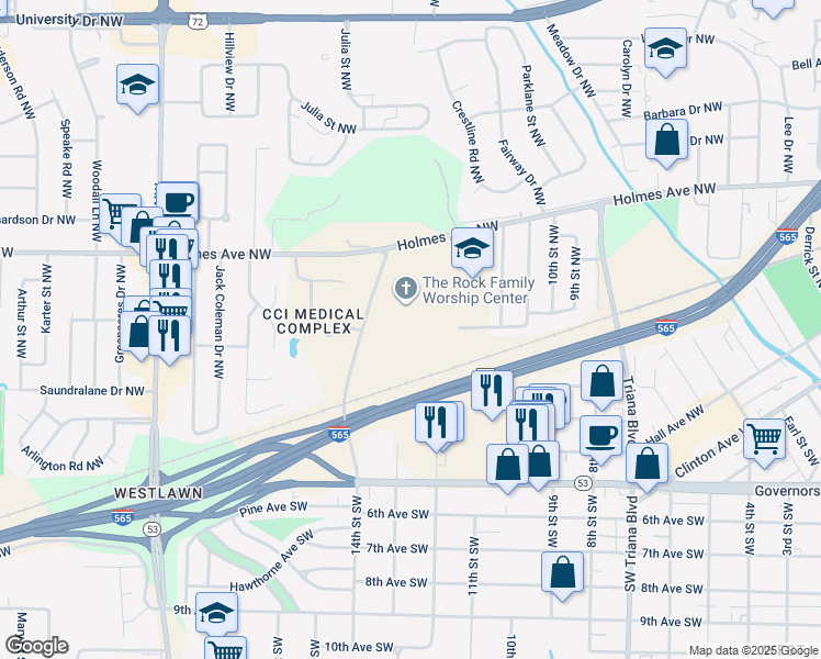 map of restaurants, bars, coffee shops, grocery stores, and more near 3401 Holmes Avenue Northwest in Huntsville
