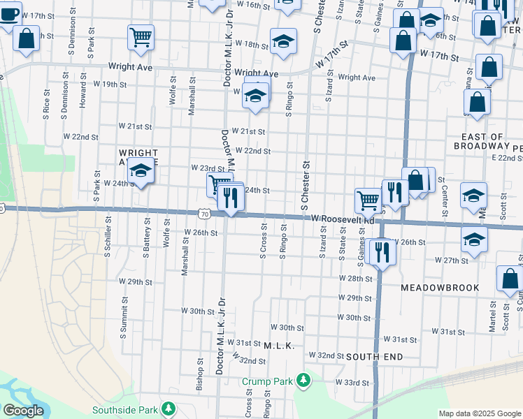 map of restaurants, bars, coffee shops, grocery stores, and more near 2418 South Cross Street in Little Rock