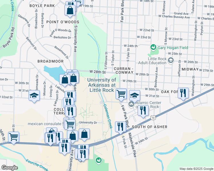 map of restaurants, bars, coffee shops, grocery stores, and more near 5620 West 30th Street in Little Rock