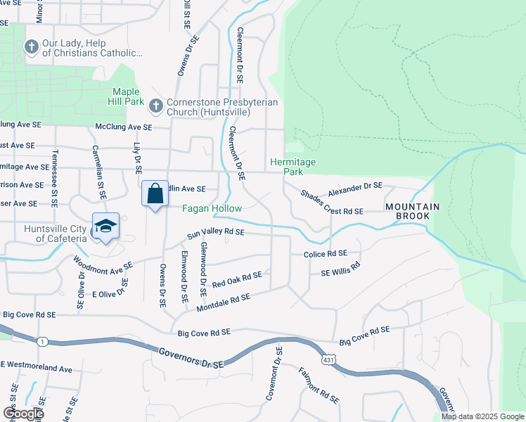 map of restaurants, bars, coffee shops, grocery stores, and more near 1208 West Cleermont Circle Southeast in Huntsville