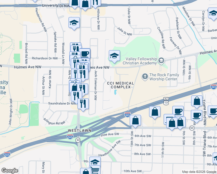 map of restaurants, bars, coffee shops, grocery stores, and more near 378 College Park Court Northwest in Huntsville