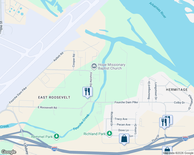 map of restaurants, bars, coffee shops, grocery stores, and more near 6104 Fourche Dam Pike in Little Rock