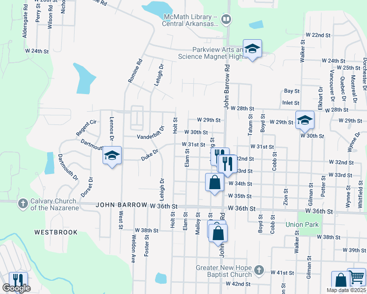 map of restaurants, bars, coffee shops, grocery stores, and more near 3105 Elam Street in Little Rock