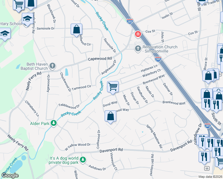 map of restaurants, bars, coffee shops, grocery stores, and more near 317 Waterbury Court in Simpsonville