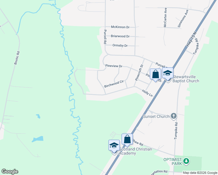 map of restaurants, bars, coffee shops, grocery stores, and more near 12540 Birchwood Circle in Laurinburg