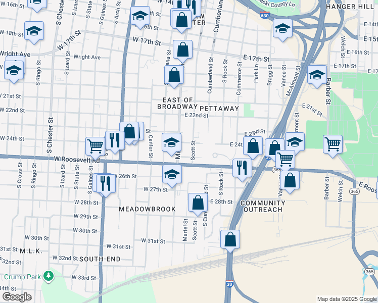 map of restaurants, bars, coffee shops, grocery stores, and more near 2412 Scott Street in Little Rock