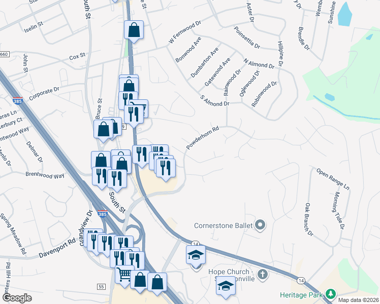 map of restaurants, bars, coffee shops, grocery stores, and more near 201 Manassas Drive in Simpsonville