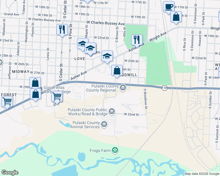 map of restaurants, bars, coffee shops, grocery stores, and more near 3323 West Roosevelt Road in Little Rock