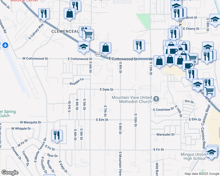 map of restaurants, bars, coffee shops, grocery stores, and more near 720 East Date Street in Cottonwood
