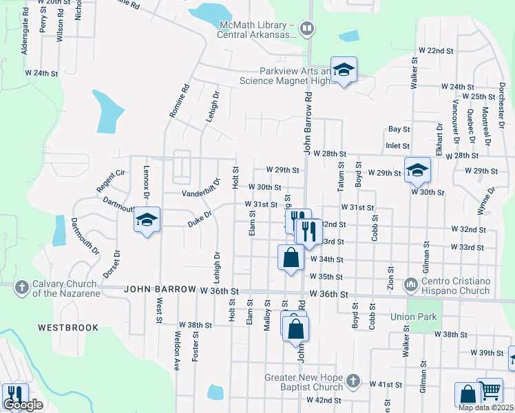 map of restaurants, bars, coffee shops, grocery stores, and more near 3105 Elam Street in Little Rock