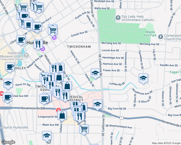 map of restaurants, bars, coffee shops, grocery stores, and more near 9 Adams Alley Southeast in Huntsville