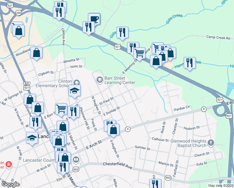map of restaurants, bars, coffee shops, grocery stores, and more near 704 Saint Paul Street in Lancaster