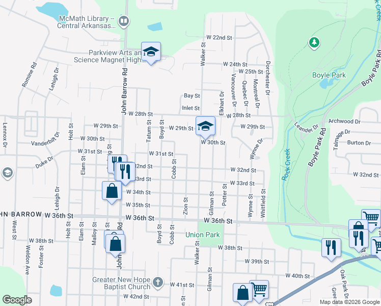 map of restaurants, bars, coffee shops, grocery stores, and more near 3023 Zion Street in Little Rock