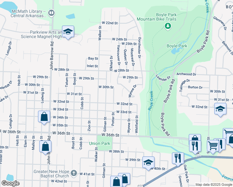 map of restaurants, bars, coffee shops, grocery stores, and more near 3023 Potter Street in Little Rock