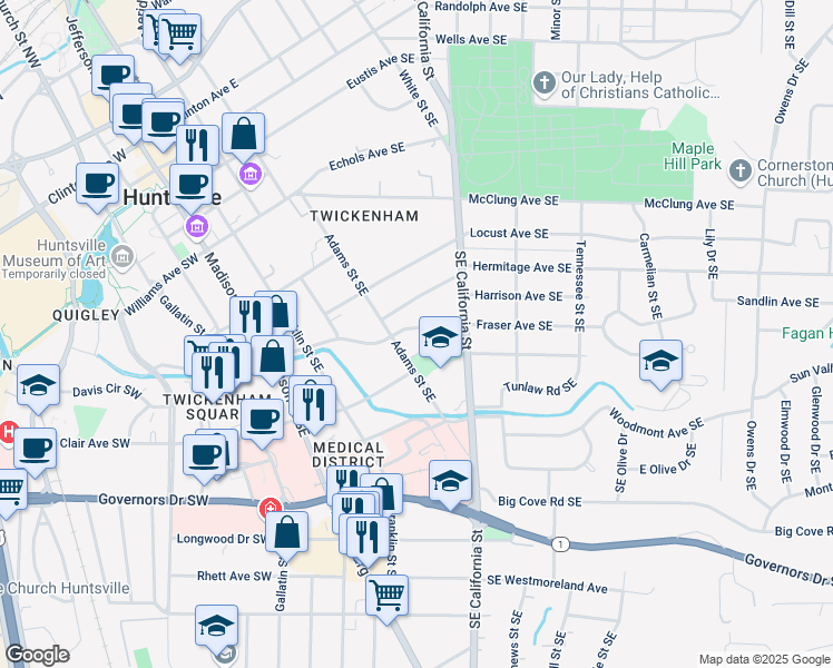 map of restaurants, bars, coffee shops, grocery stores, and more near 9 Adams Alley Southeast in Huntsville