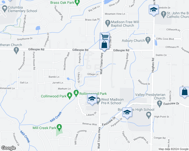 map of restaurants, bars, coffee shops, grocery stores, and more near 102 Village Lane in Madison