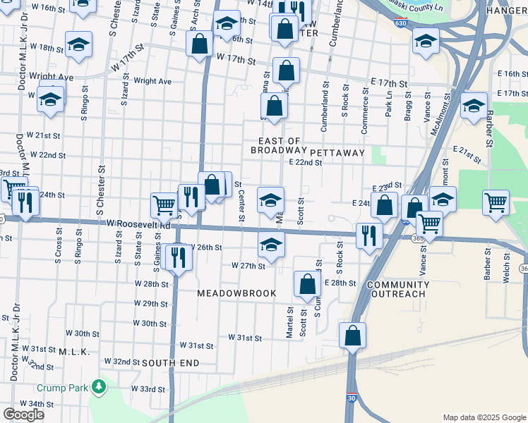 map of restaurants, bars, coffee shops, grocery stores, and more near 2428 South Louisiana Street in Little Rock
