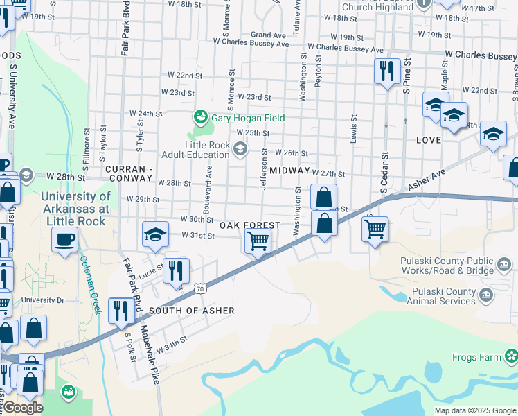 map of restaurants, bars, coffee shops, grocery stores, and more near 2900 Jefferson Street in Little Rock