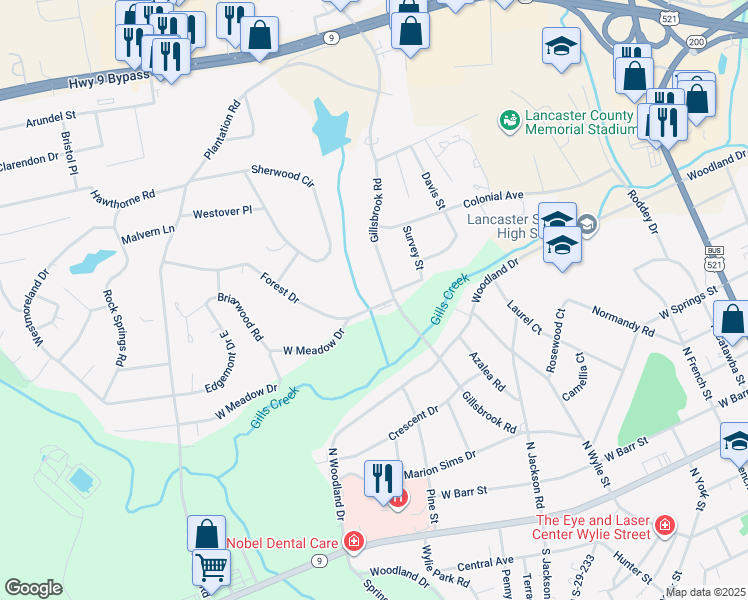 map of restaurants, bars, coffee shops, grocery stores, and more near 800-810 Forest Drive in Lancaster