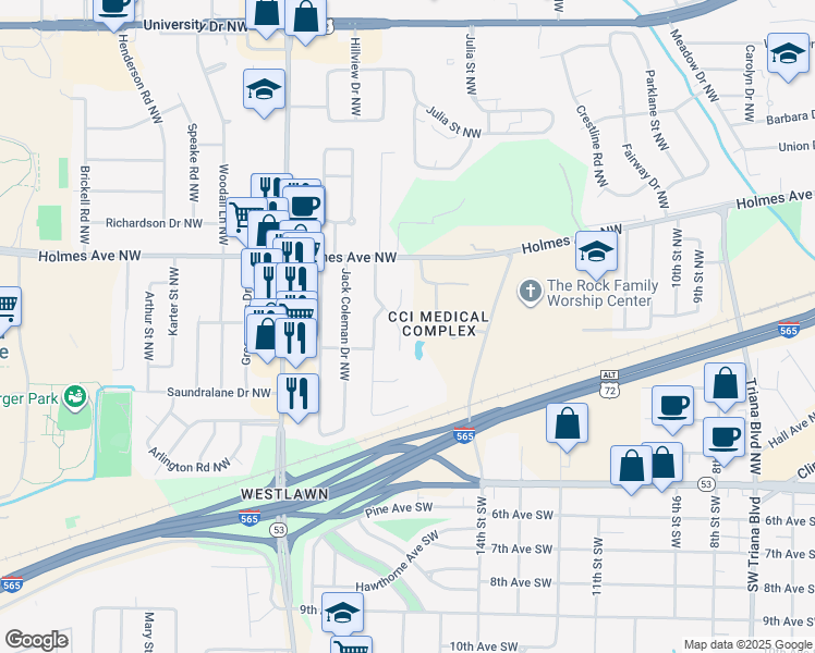 map of restaurants, bars, coffee shops, grocery stores, and more near 408 Hillmont Drive Northwest in Huntsville