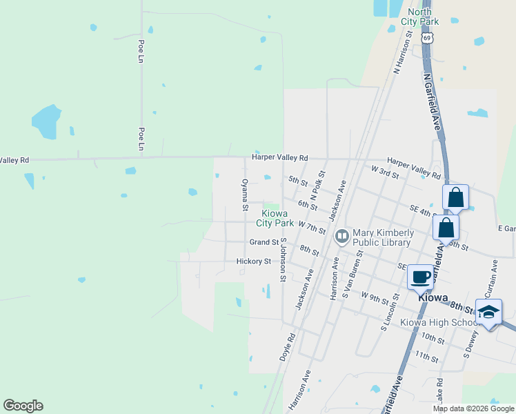 map of restaurants, bars, coffee shops, grocery stores, and more near 301 Long Street in Kiowa