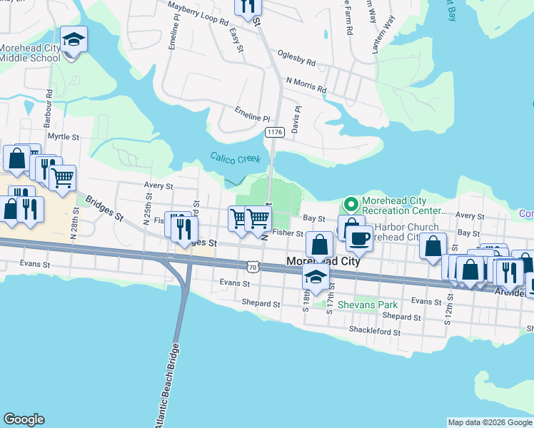 map of restaurants, bars, coffee shops, grocery stores, and more near 399 N 20th St in Morehead City