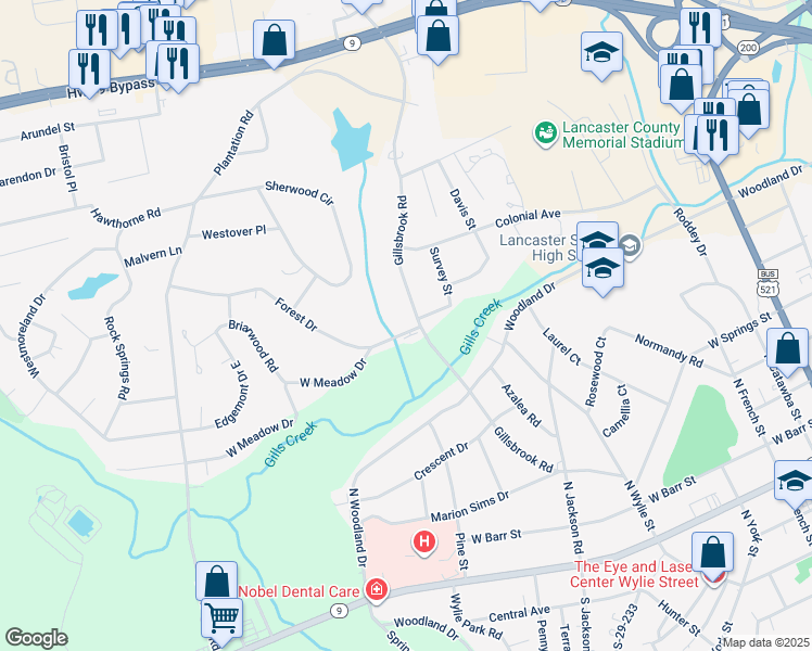 map of restaurants, bars, coffee shops, grocery stores, and more near 800-810 Forest Drive in Lancaster