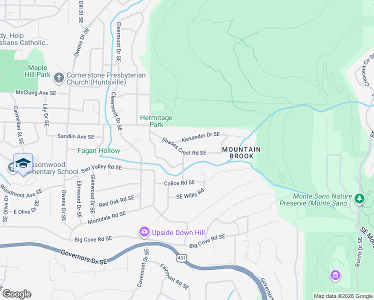 map of restaurants, bars, coffee shops, grocery stores, and more near 1400 Darnell Street Southeast in Huntsville