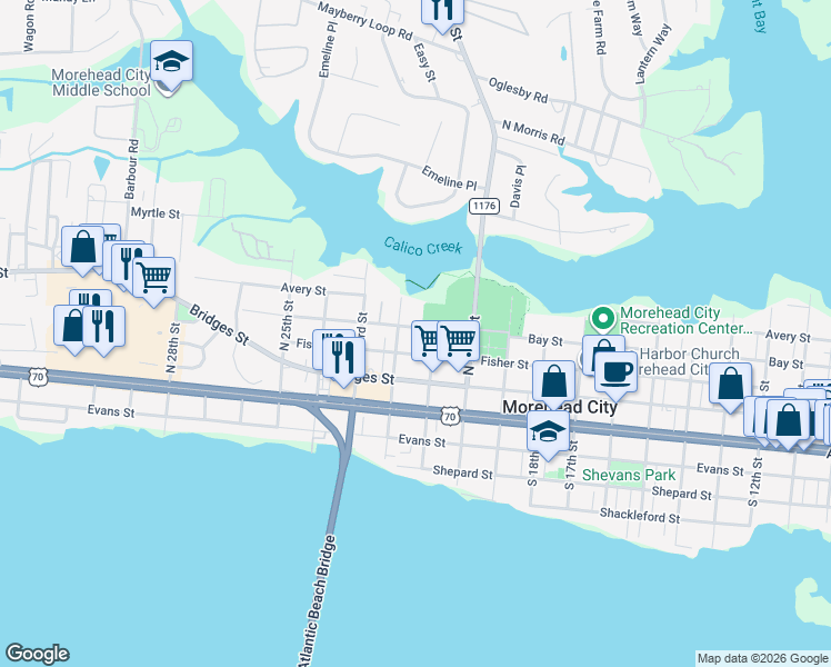 map of restaurants, bars, coffee shops, grocery stores, and more near 301-399 North 21st Street in Morehead City
