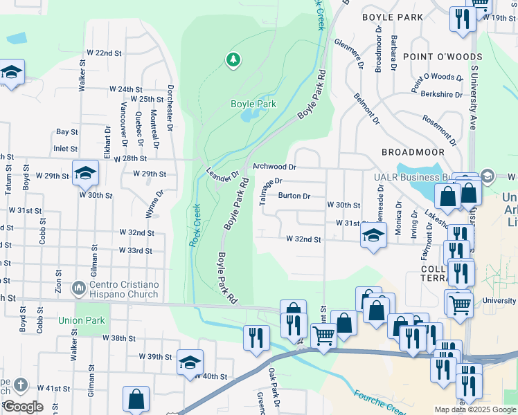 map of restaurants, bars, coffee shops, grocery stores, and more near 23 Talmage Drive in Little Rock