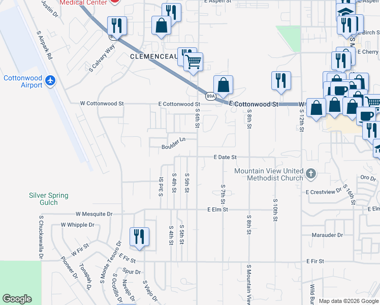 map of restaurants, bars, coffee shops, grocery stores, and more near 806 South 6th Street in Cottonwood
