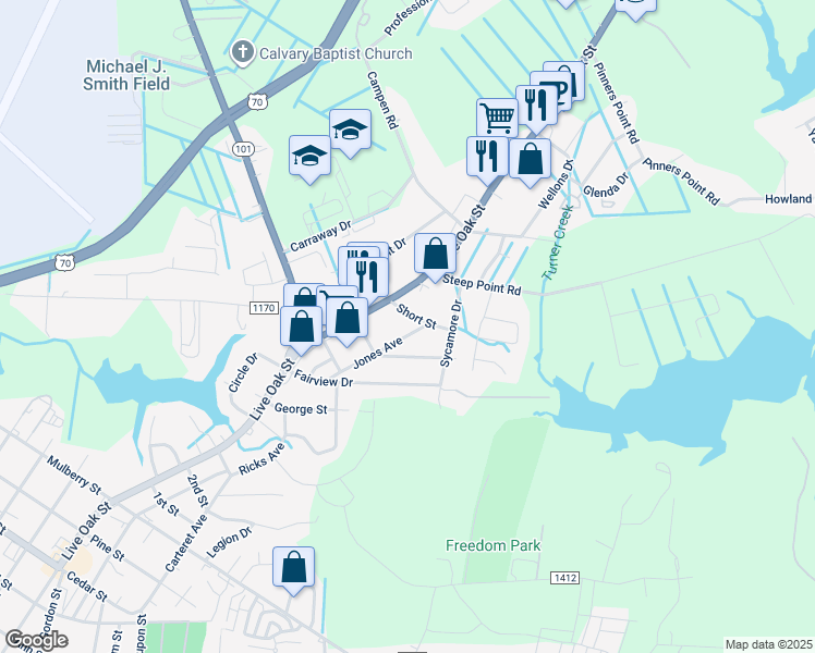 map of restaurants, bars, coffee shops, grocery stores, and more near 304 Jones Avenue in Beaufort
