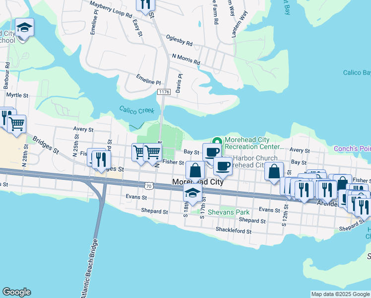 map of restaurants, bars, coffee shops, grocery stores, and more near 1709 Bay Street in Morehead City