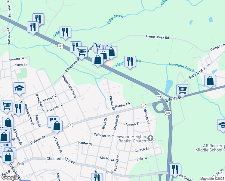 map of restaurants, bars, coffee shops, grocery stores, and more near 2006 Pardue Street in Lancaster